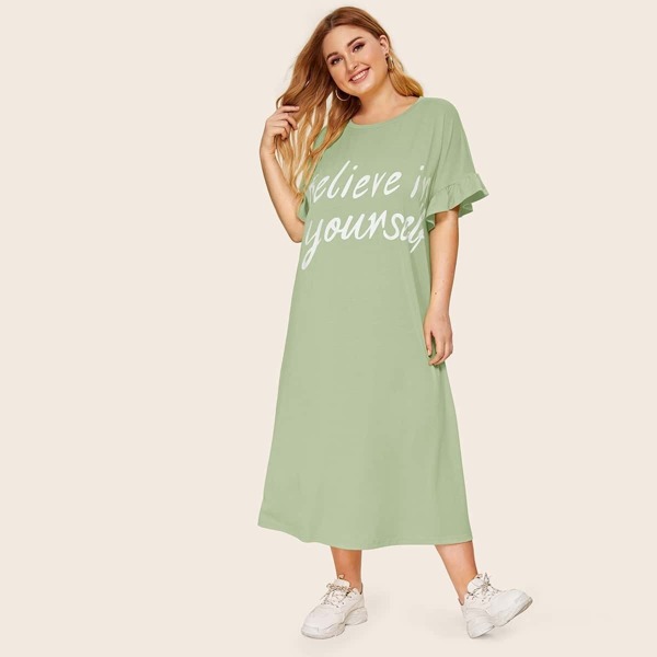 

Plus Slogan Graphic Ruffle Cuff Nightdress, Green pastel