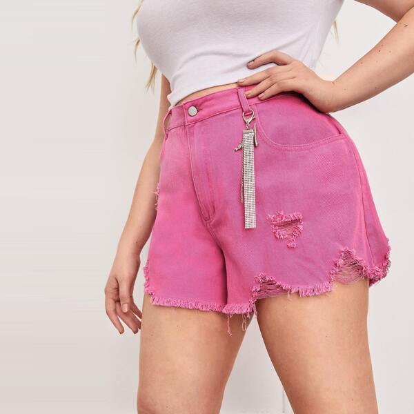 

Plus Raw Hem Ripped Denim Shorts, Pink