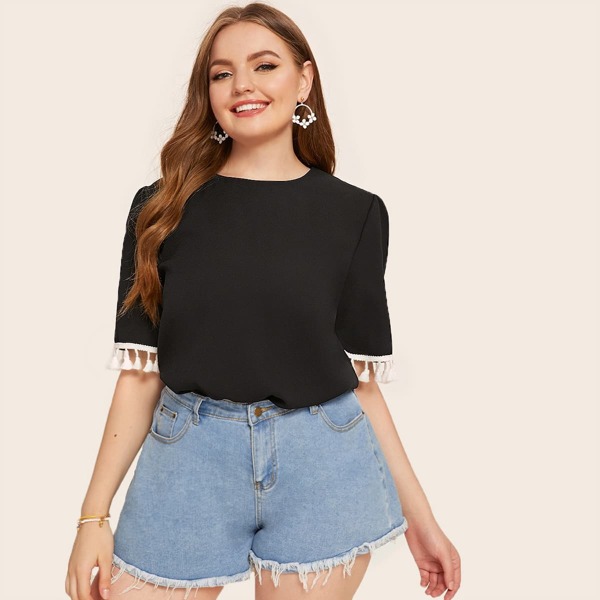 

Plus Button Keyhole Back Fringe Trim Blouse
