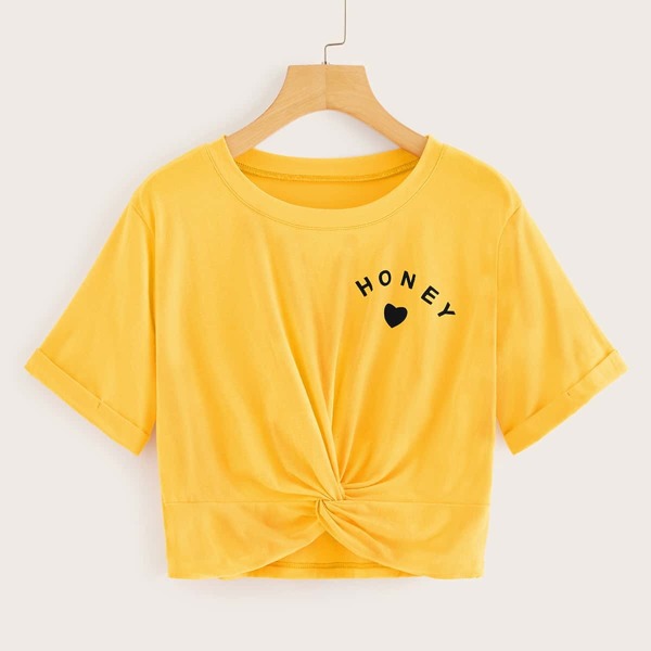 

Plus Letter Graphic Rolled Cuff Twist Tee, Yellow