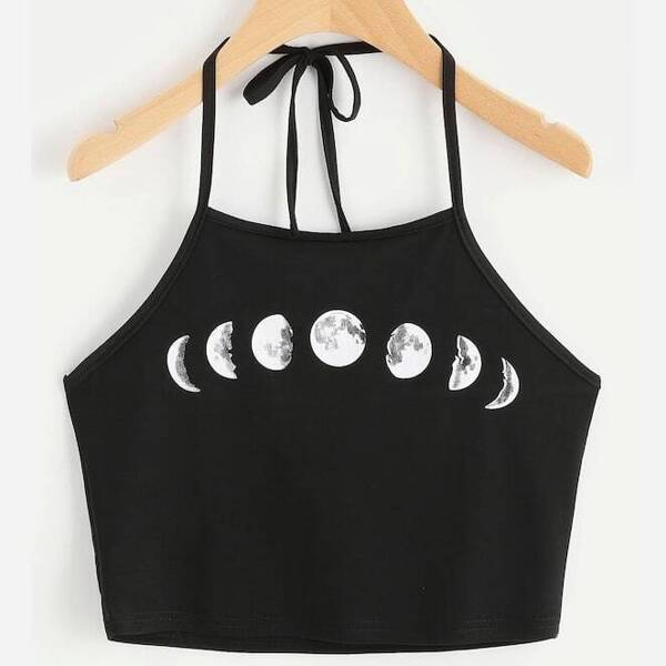 

Plus Moon Print Knot Halter Cami Top, Black