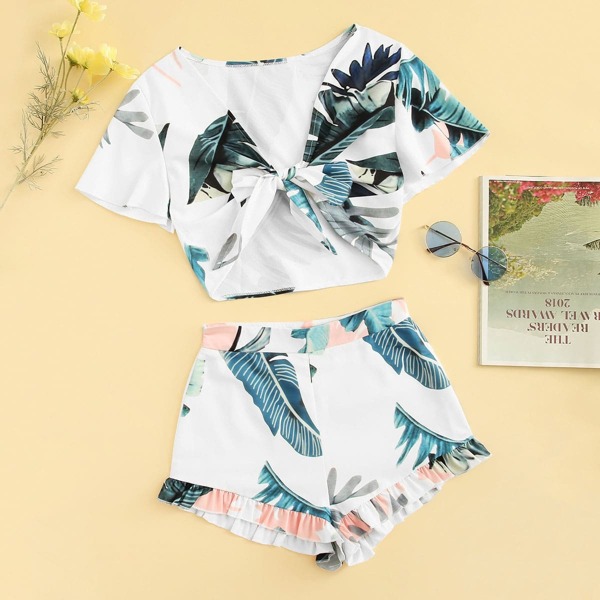 

Plus Knot Tropical Print Top With Ruffle Hem Shorts, Multicolor