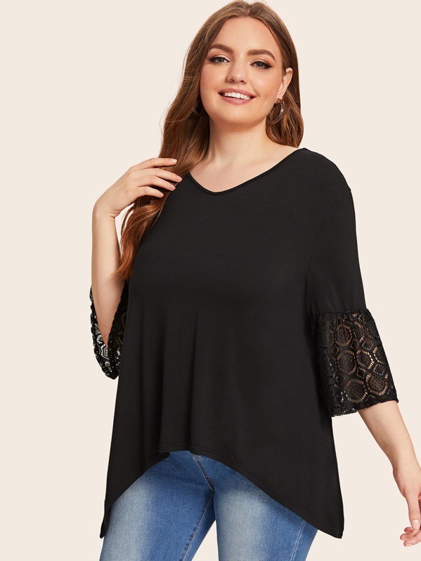 

Plus Contrast Lace Asymmetrical Hem Tee, Black, Olga B