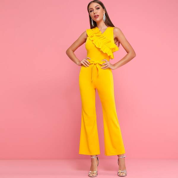 

Ruffle Trim Belted Flare Leg Jumpsuit, Yellow