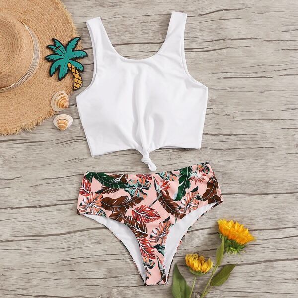 

Knot Front Top With Tropical Bikini Set, Multicolor