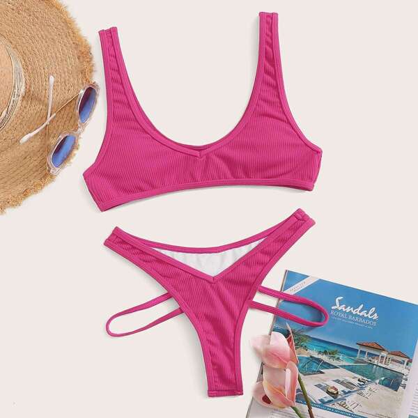 

Rib-knit Top With Cheeky Cut-out Bikini Set