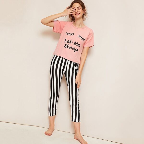 

Eyelash & Letter Print Striped Pajama Set