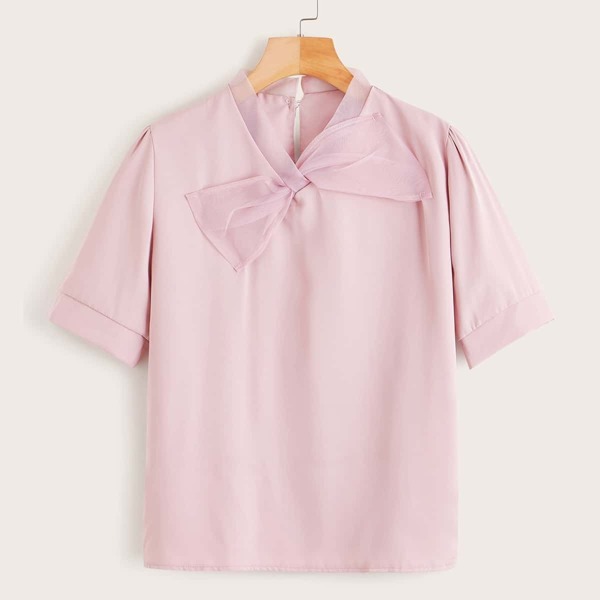 

Bow Button Keyhole Back Blouse