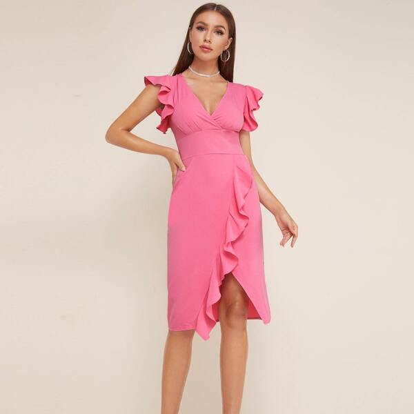 

Gathered Bust Ruffle Trim Asymmetric Hem Midi Dress, Pink