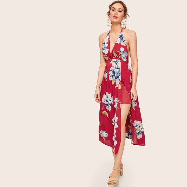 

Large Floral Print Split Thigh Backless Halter Dress