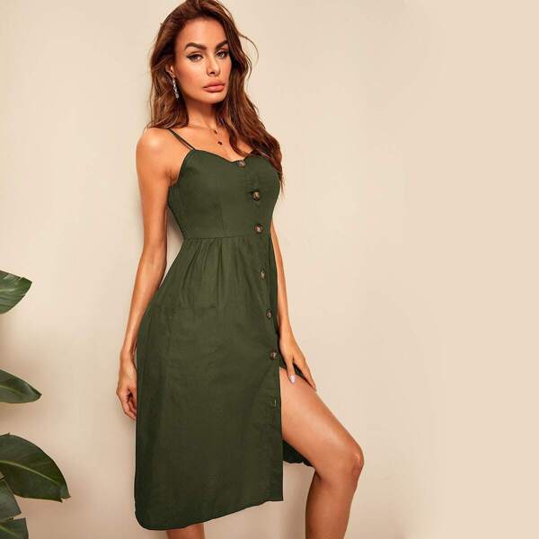 

Button Front Dual Pocket Shirred Cami Dress, Army green