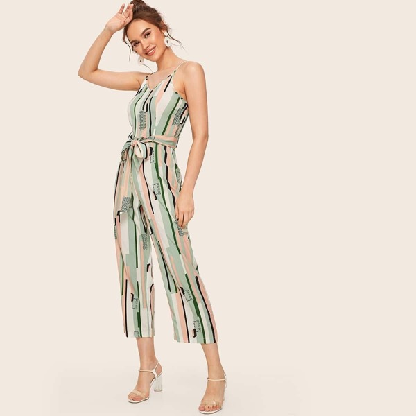 

Striped Self Tie Waist Cami Jumpsuit