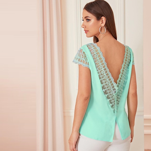 

Lace Panel Button Front Backless Top
