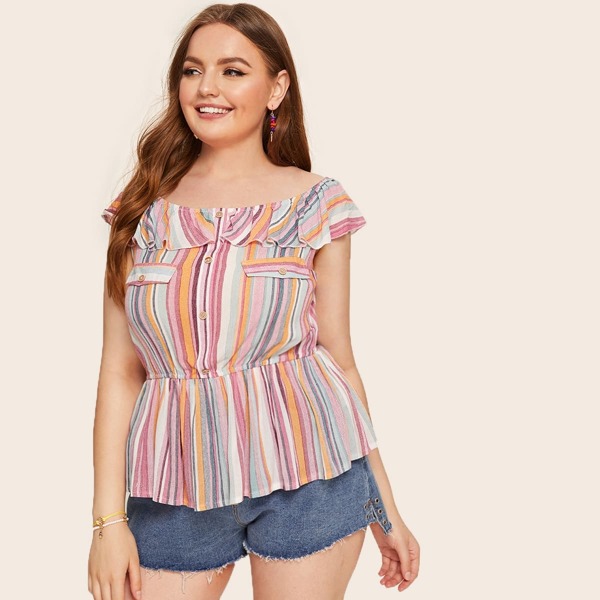 

Plus Striped Print Ruffle Trim Peplum Blouse