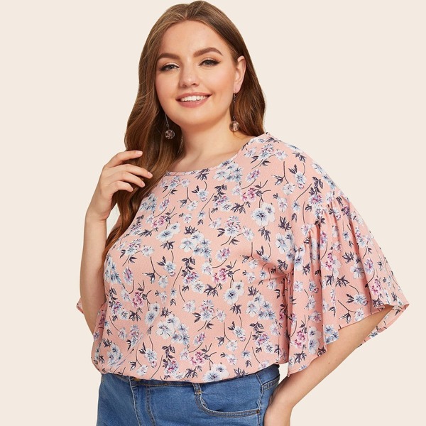 

Plus Ditsy Floral Print Button Keyhole Blouse