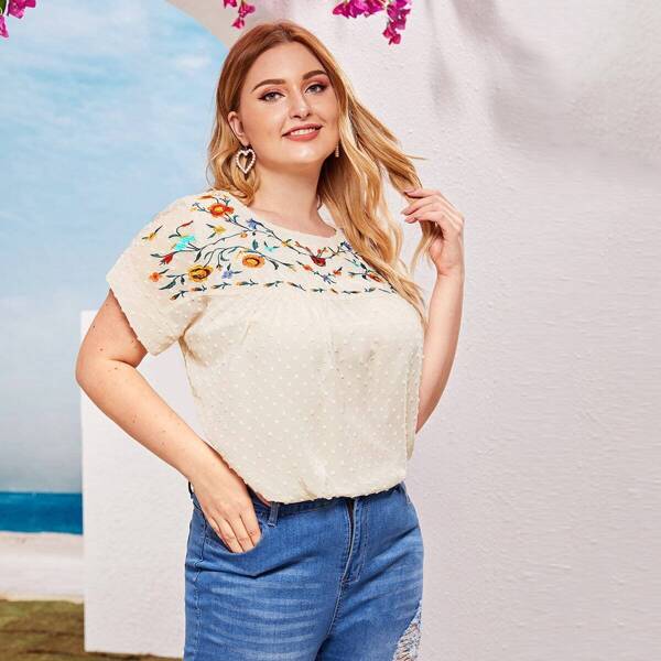 

Plus Swiss Dot Floral Embroidery Blouse