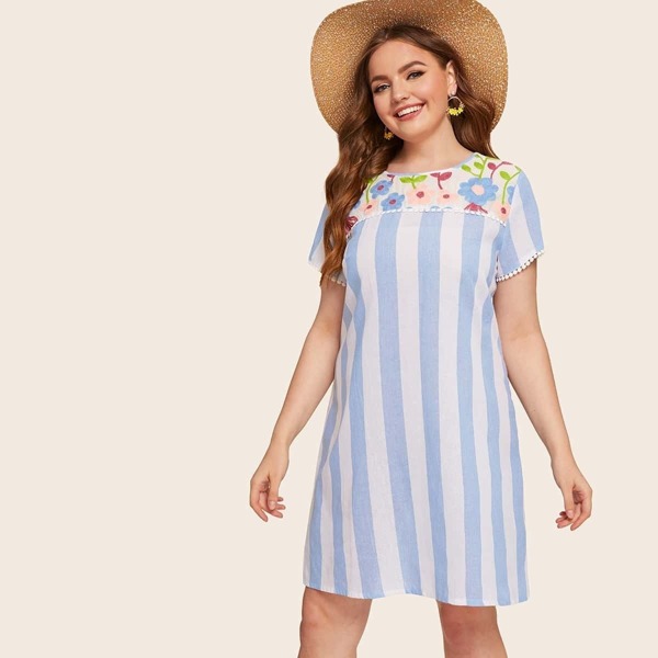 

Plus Floral Embroidery Striped Print Dress, Multicolor