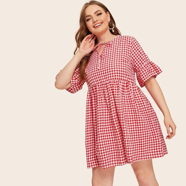 

Plus Gingham Print Tie Neck Flounce Sleeve Dress