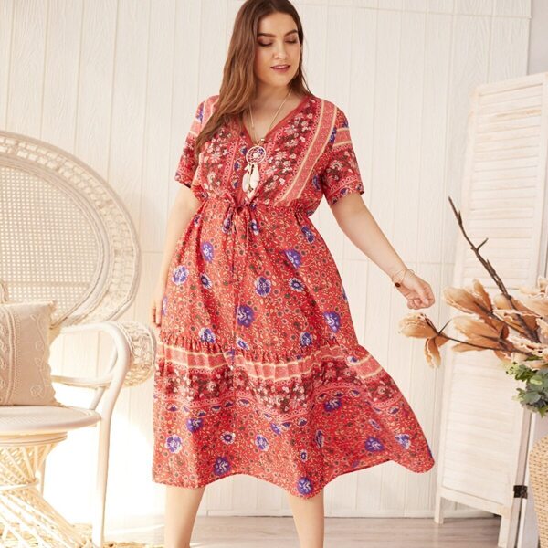 

Plus Tribal Print Drawstring Waist Dress
