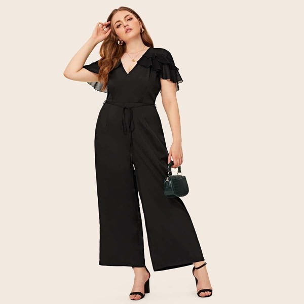 

Plus Ruffle Trim V-neck Belted Jumpsuit