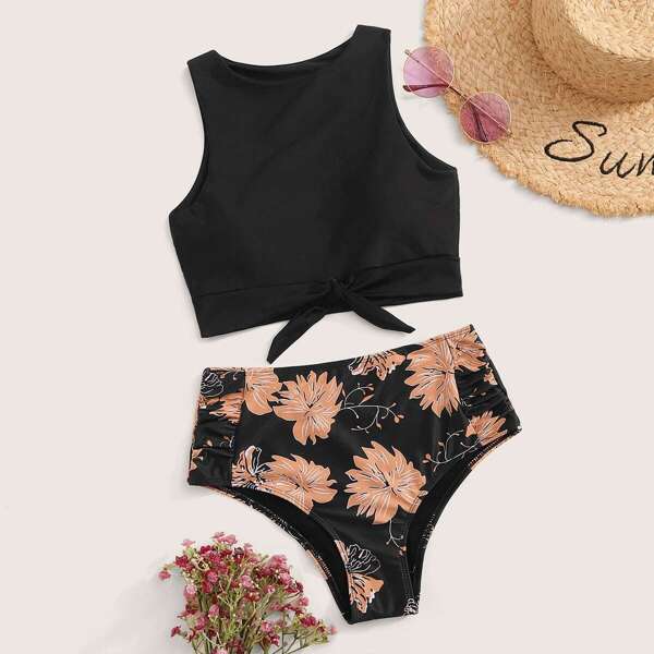 

Knot Hem Top With High Waist Bikini Set