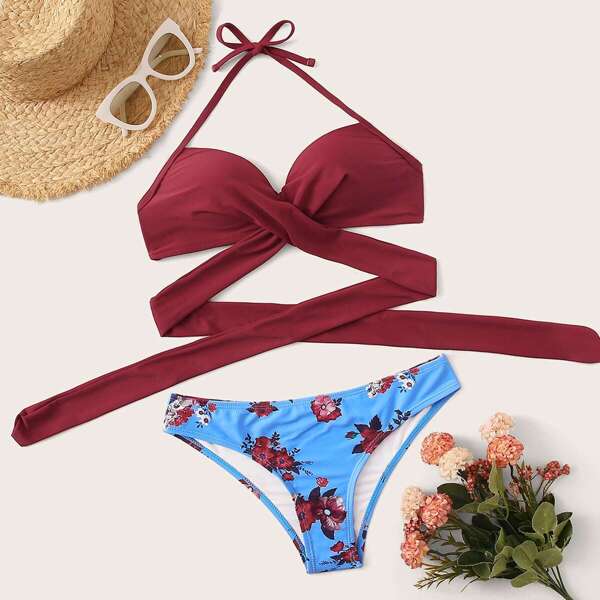 Wrap Halter Top With Floral Bikini Set