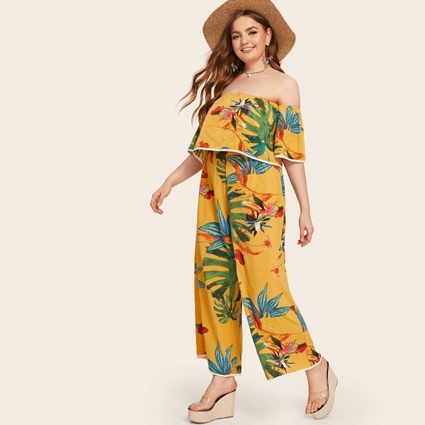 

Plus Tropical Print Off Shoulder Top With Wide Leg Pants