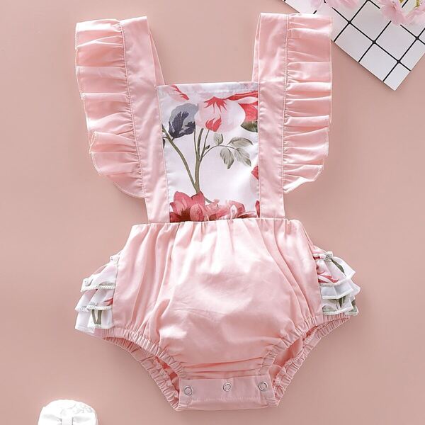 

Baby Girls Floral Print Ruffle Trim Romper