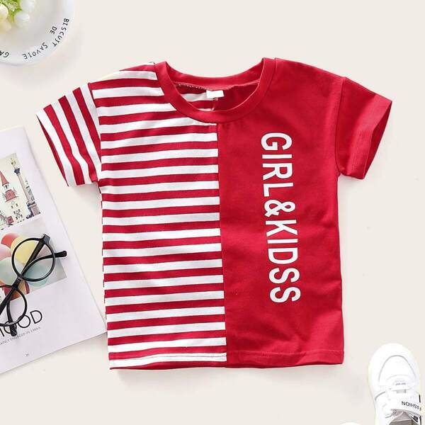 

Toddler Girls Striped Panel Letter Print Tee, Red