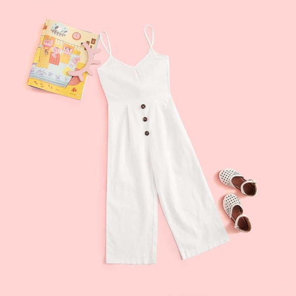 

Girls Button Up Front Cami Jumpsuit, White
