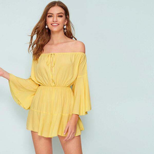 

Off Shoulder Flounce Sleeve Knotted Front Romper