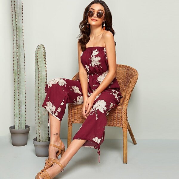 

Floral Print Knotted Detail Wide Leg Tube Jumpsuit, Burgundy