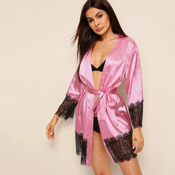 

Eyelash Lace Satin Belted Robe