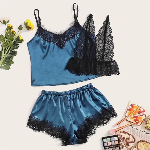 

Floral Lace Satin Lingerie Set 3pack