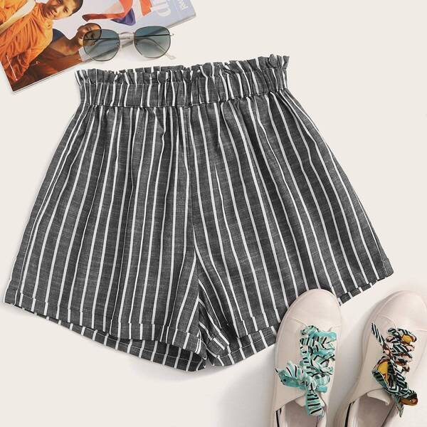 

Paperbag Waist Striped Shorts, Grey