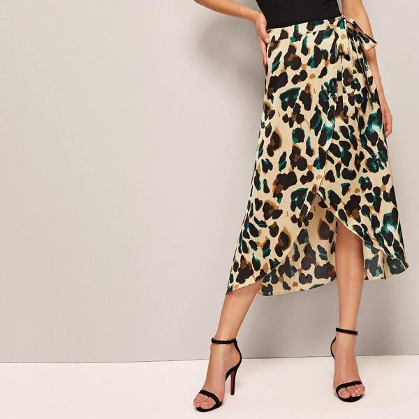 

Leopard Print Asymmetrical Hem Wrap Knotted Skirt
