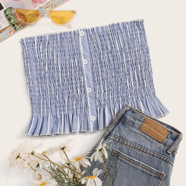 

Striped Button Front Ruffle Hem Shirred Bandeau