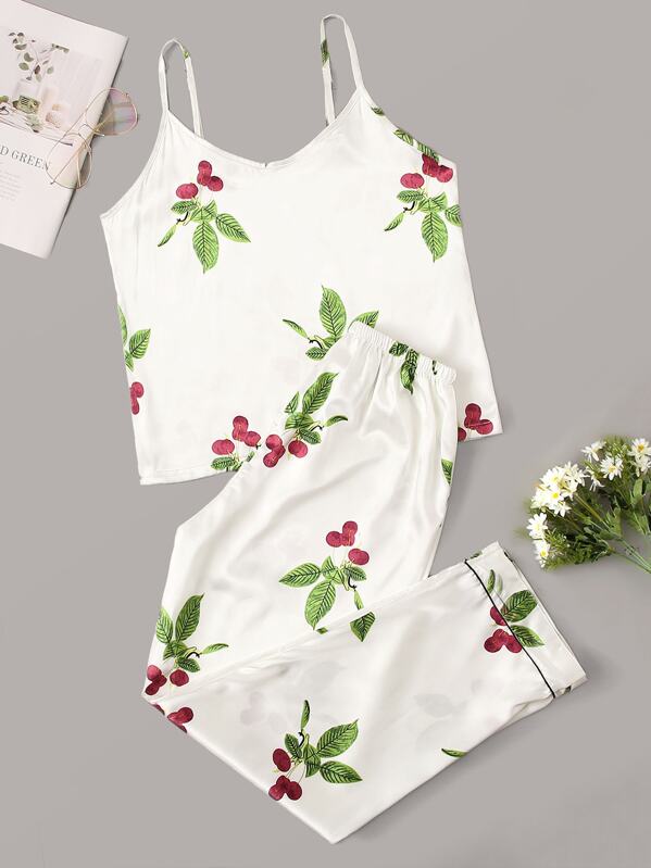 

Cherry Print Satin Cami Pajama Set, White