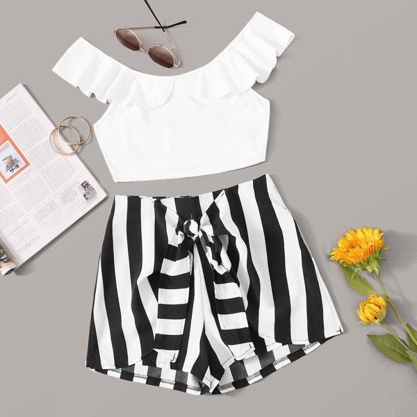 

Ruffle Top & Tie Front Striped Shorts