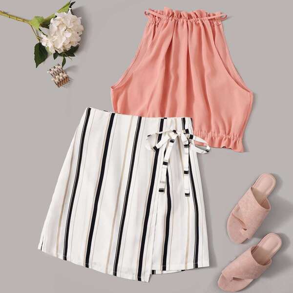 

Frill Trim Halter Top With Striped Wrap Skirt, Multicolor