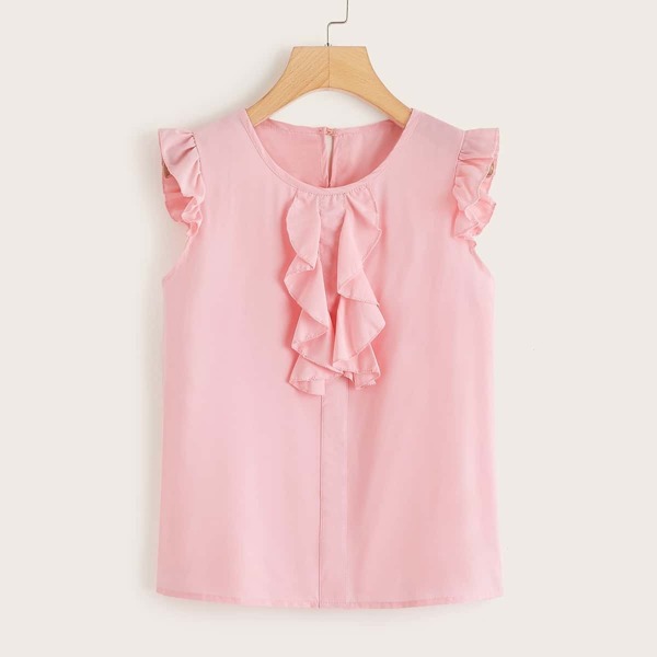 

Ruffle Trim Button Keyhole Back Blouse