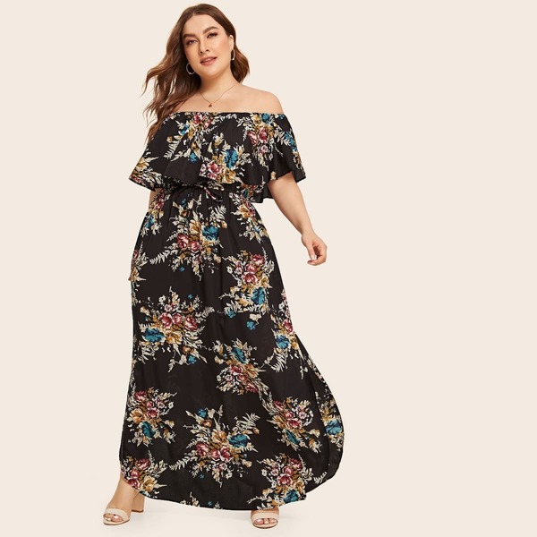 

Plus Floral Print Off Shoulder Split Drawstring Dress, Multicolor