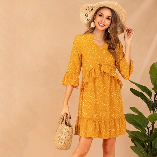 

Polka Dot Frill Trim Ruffle Dress, Yellow