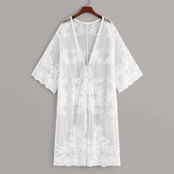 

Tie Front Embroidery Sheer Mesh Kimono