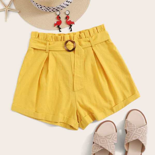 

Rolled Hem Paper Bag Waist Belted Shorts