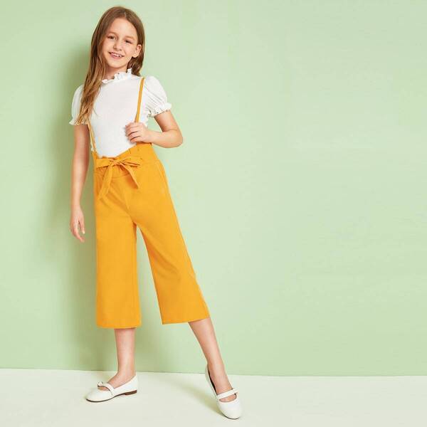 

Girls Shirred Back Knot Front Paperbag Waist Culotte Pants, Yellow