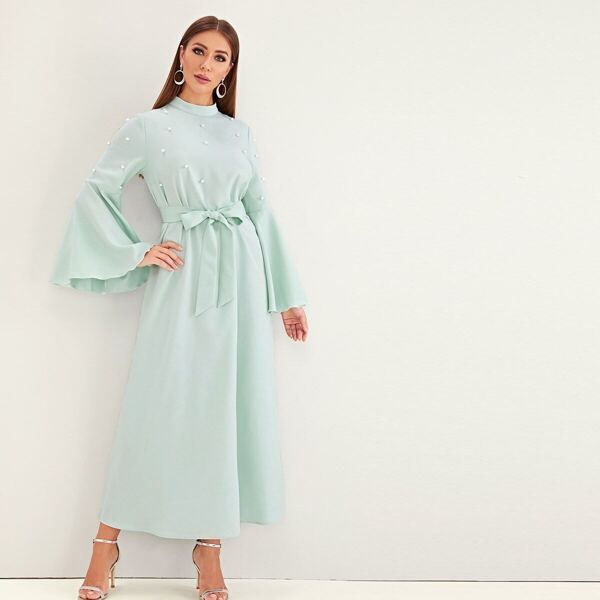

Pearls Detail Self Belted Flounce Sleeve Dress, Blue pastel