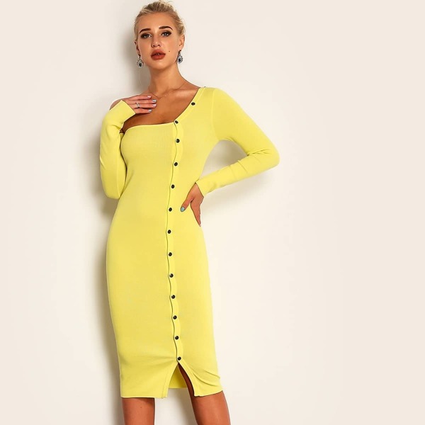 

Asymmetrical Neck Button Front Dress, Yellow pastel