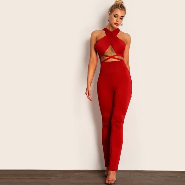 

Cross Wrap Tie Back Top and Pants Set, Red