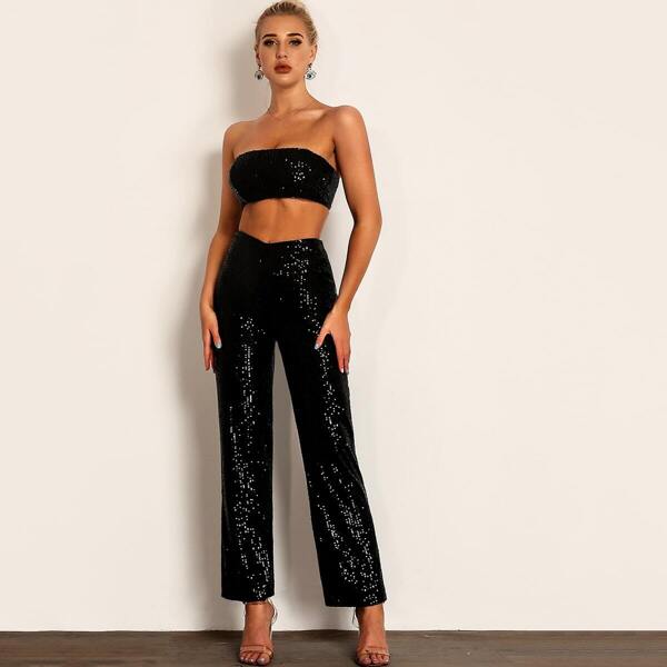 

Sequin Bandeau Top and Straight Leg Pants Set, Black